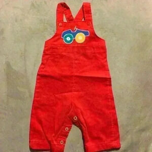 Adorable 1970s vintage baby red truck corduroy overalls USA made health tex